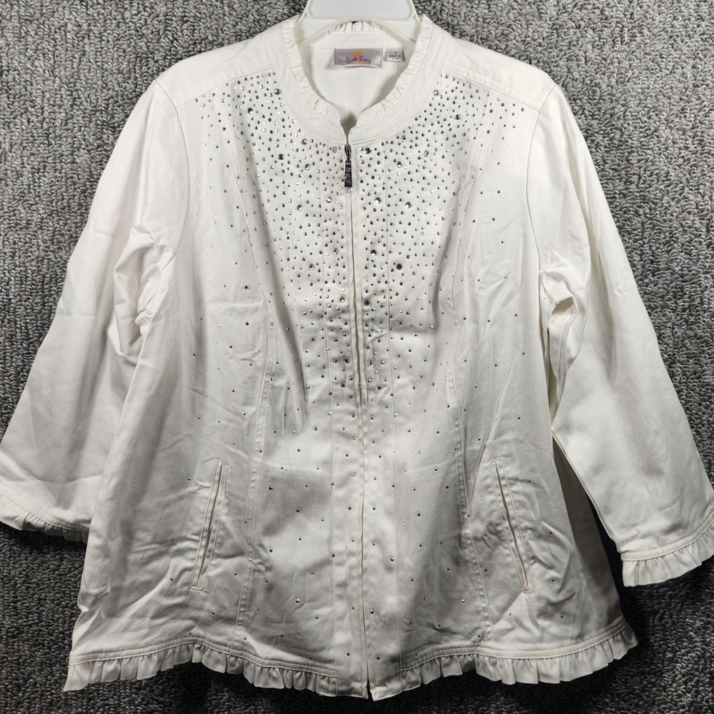Quacker Factory Denim Jacket White Rhinestone Ruffle Trim Womens 1X